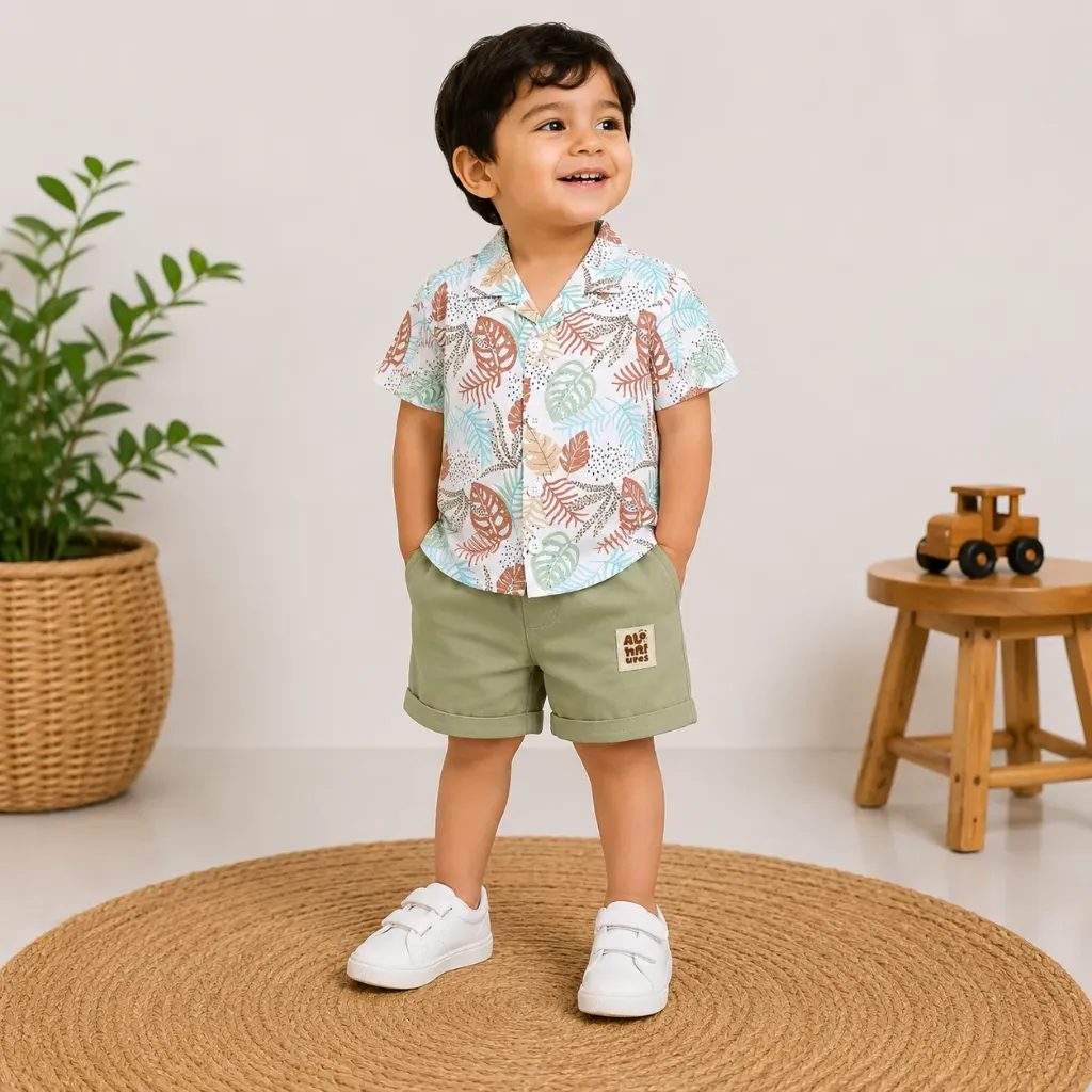 BOYS LEAF PRINT SHIRT & SHORTS SET (0, Green)