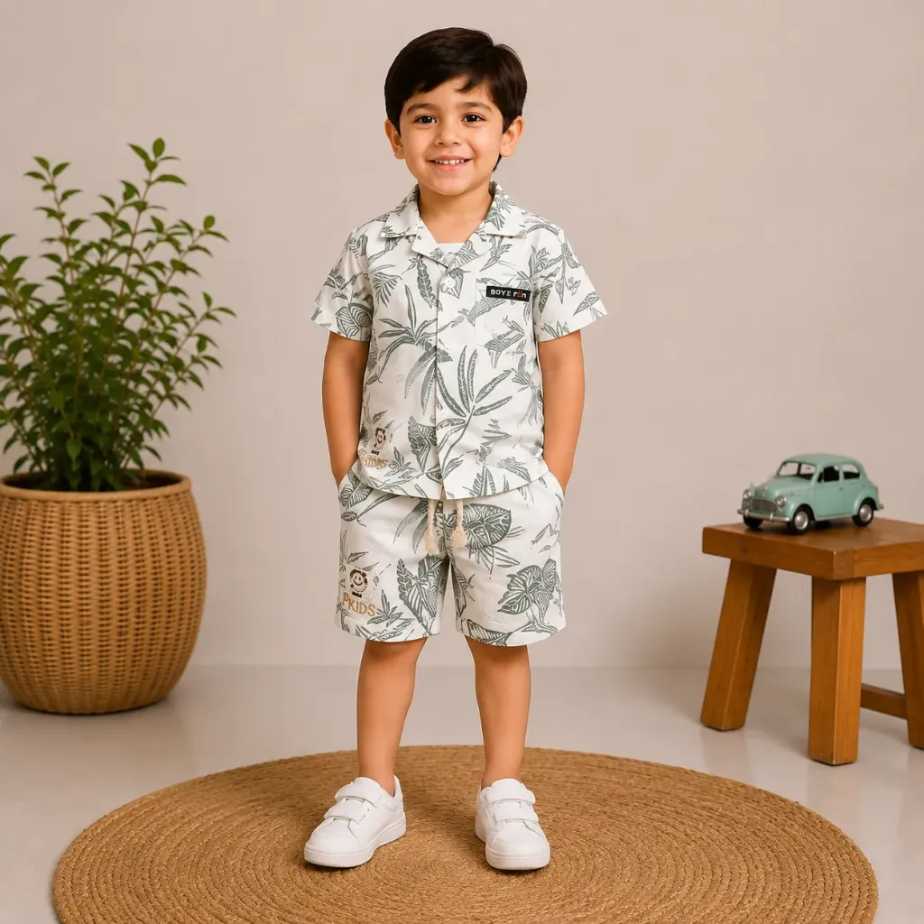 Boys Printed Shirt & Shorts Co-Ord Set – Tropical Leaf Print