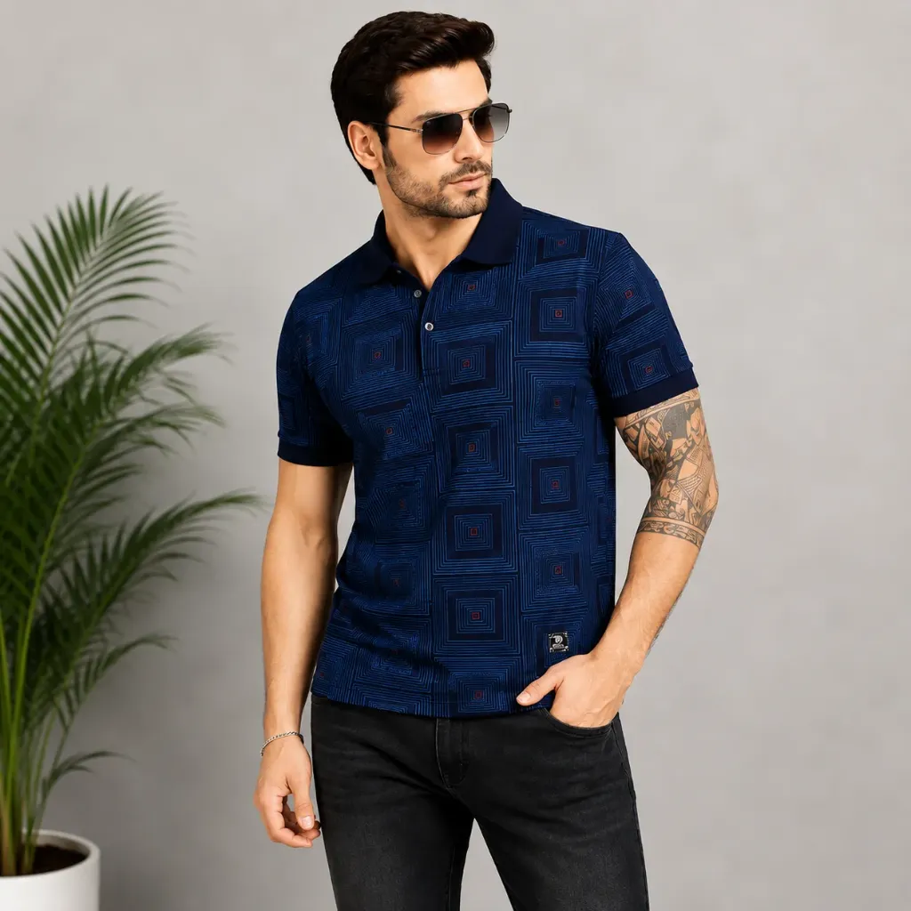Men’s Navy Blue Geometric Printed Polo T-Shirt